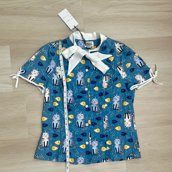 Unique Vintage Unicorn Cat & Fish Print Caticorns Chita Blouse & Bow Tie NWT L - Picture 7 of 10